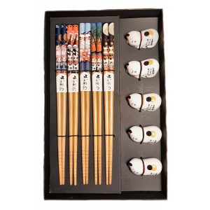 Палочки для еды 5 пар и подставки для палочек с картинкой (кошка)